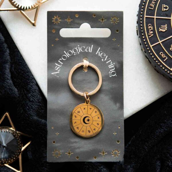 Astrology Wheel Keyring—Gold Tone Zodiac Charm
